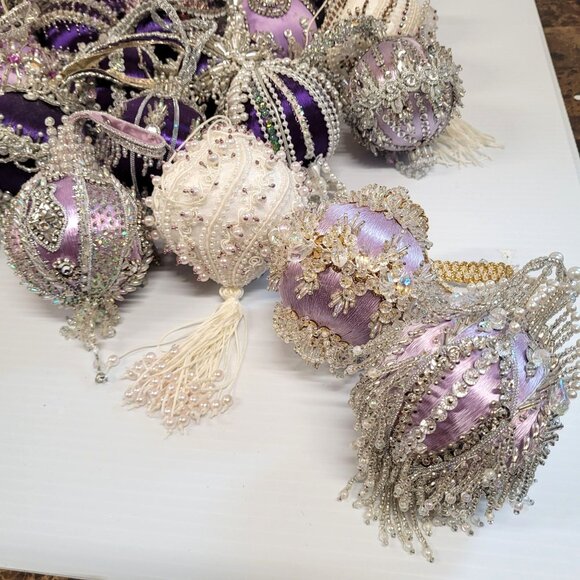 Beaded Sequin Push Pin Satin Christmas Ornaments Lot 35 Handmade Purple Lavender - Picture 3 of 10